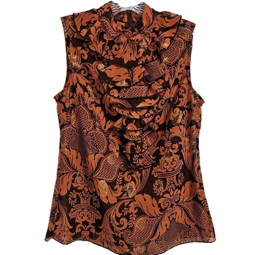 ANNA SUI for‎ TARGET Sheer Tank Top High Neck Ruffle Band Collar Metallic Size M